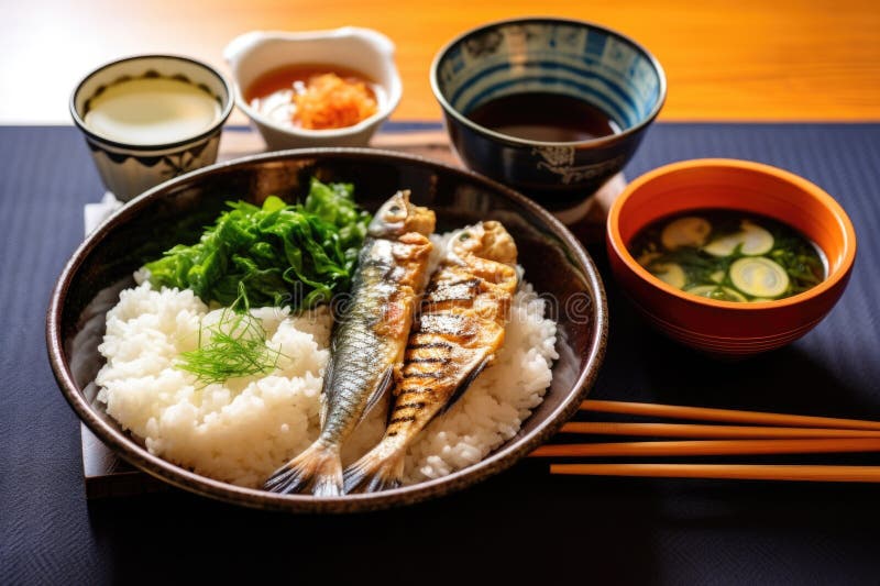 Japanese Breakfast with Grilled Fish, Rice, and Miso Soup Stock
