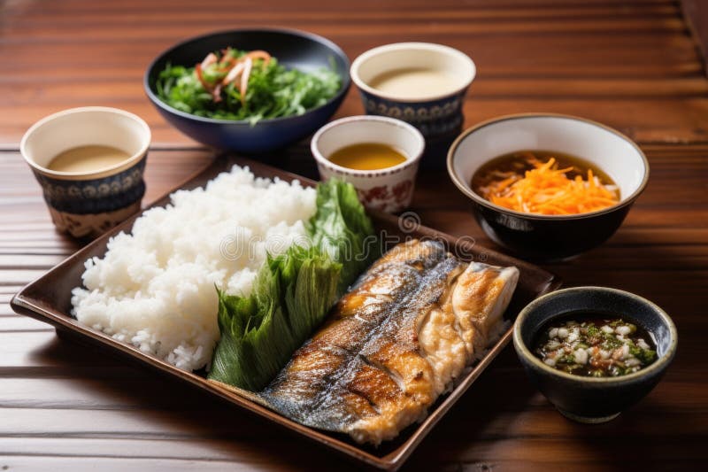 Japanese Breakfast with Grilled Fish, Rice, and Miso Soup Stock Image