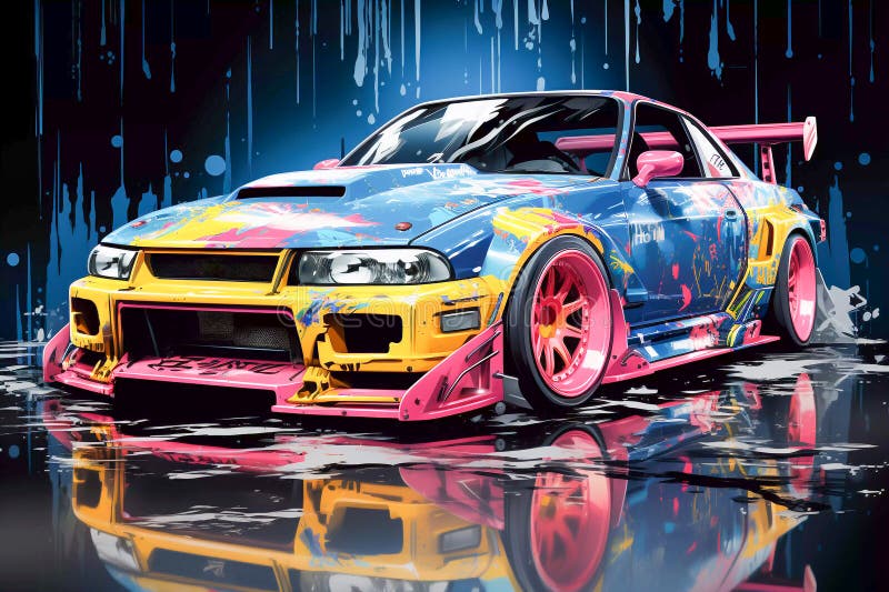 Japanese Car Tuning Bosozoku, Graffiti Poster Art Illustration, AI