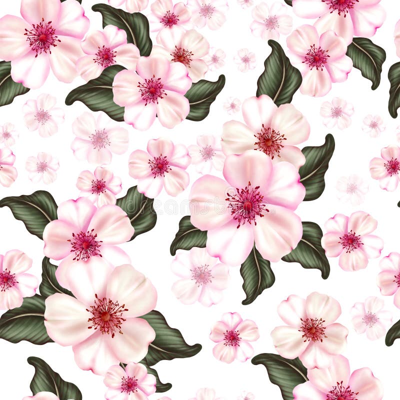 Japanese Cherry Blossom Seamless Pattern with Pink Flowers and Green ...