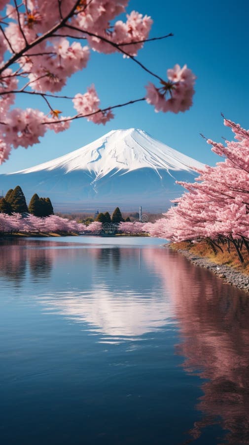 Japanese Cherry Blossoms Frame Mt Fuji at Kawaguchiko Lake Stock ...