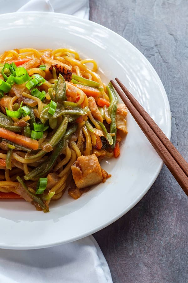 Japanese Chicken Yakisoba Noodles Stock Photo - Image of meal, green