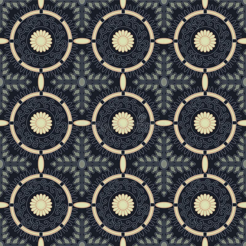 Japanese Circle Flower Line Mosaic Vector Seamless Pattern stock illustration