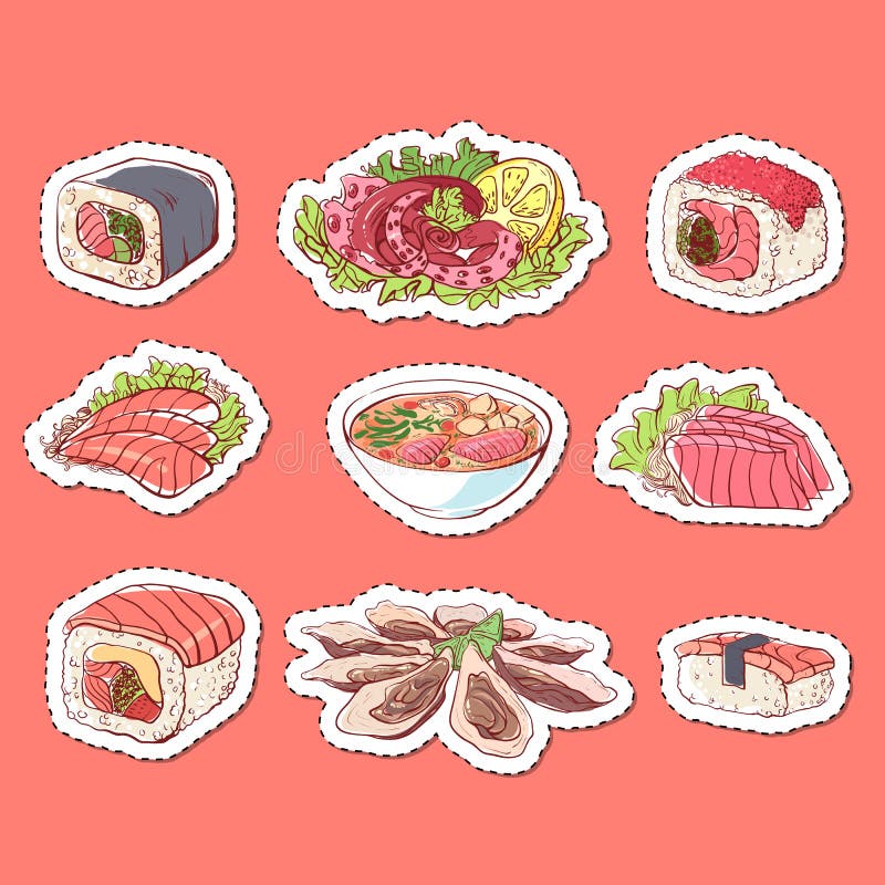 Japanese Cuisine Dishes Isolated Labels Stock Illustration ...