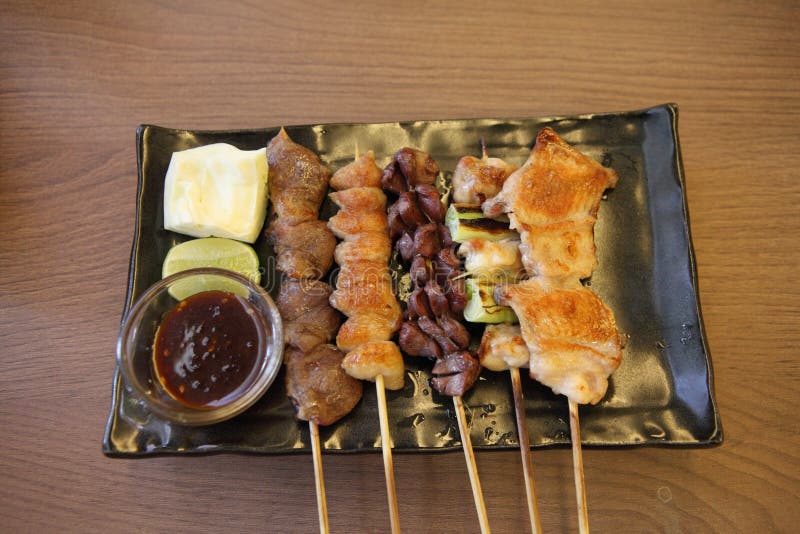 Japanese cuisine Grilled, teriyaki skewers Yakitori royalty free stock image Japanese cuisine Grilled, teriyaki skewers Yakitori royalty free stock image