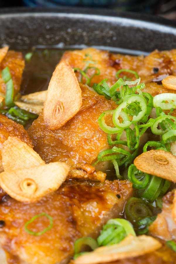 Japanese Cuisine. Hot Plate Chicken on the Background Stock Photo