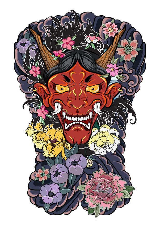Japanese Demon S Mask Tattoo Design Full Back Body The Oni Mask With Water Splash And Peony Flower Cherry Blossom Stock Vector Illustration Of Japanese Painting