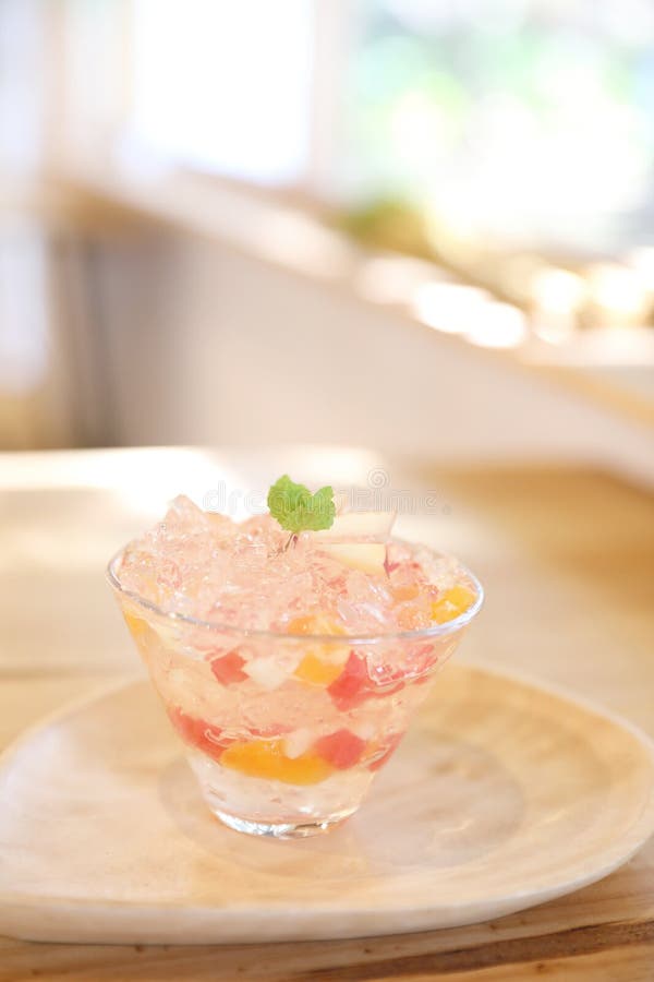 Japanese Dessert Jelly with Fruit on Wooden Plate Stock Photo Image