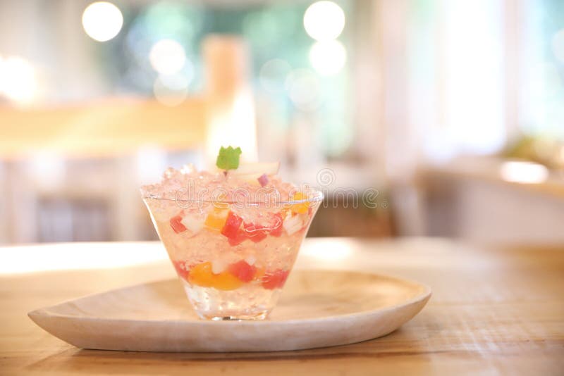Japanese Dessert Jelly with Fruit on Wood Plate Stock Photo Image of