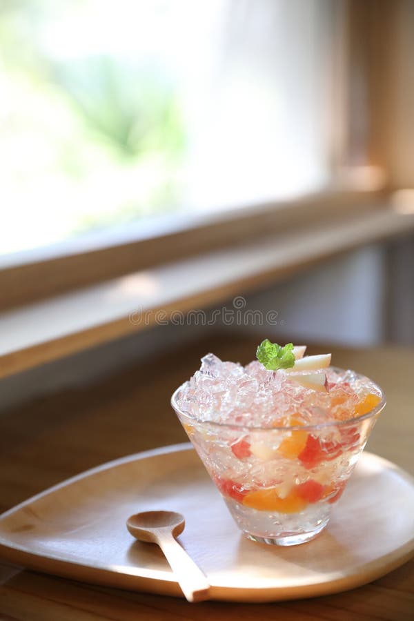 Japanese Dessert Jelly with Fruit on Wooden Plate Stock Image Image