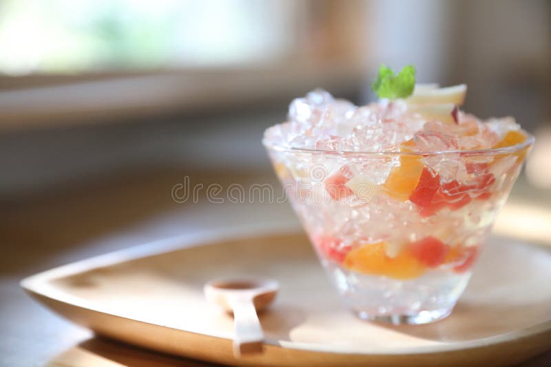Japanese Dessert Jelly with Fruit on Wooden Plate Stock Image Image