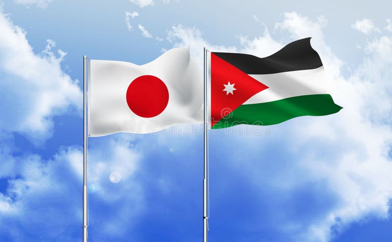 Jordan and Japan flags together waving against blue sky royalty free illustration