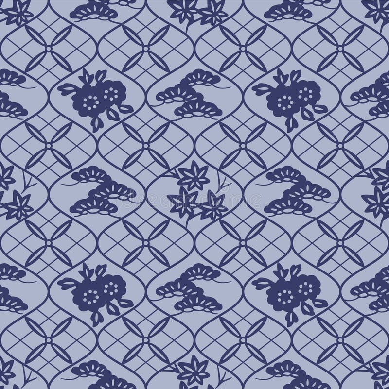 Japanese Flower Leaf Curl Net Vector Seamless Pattern stock illustration