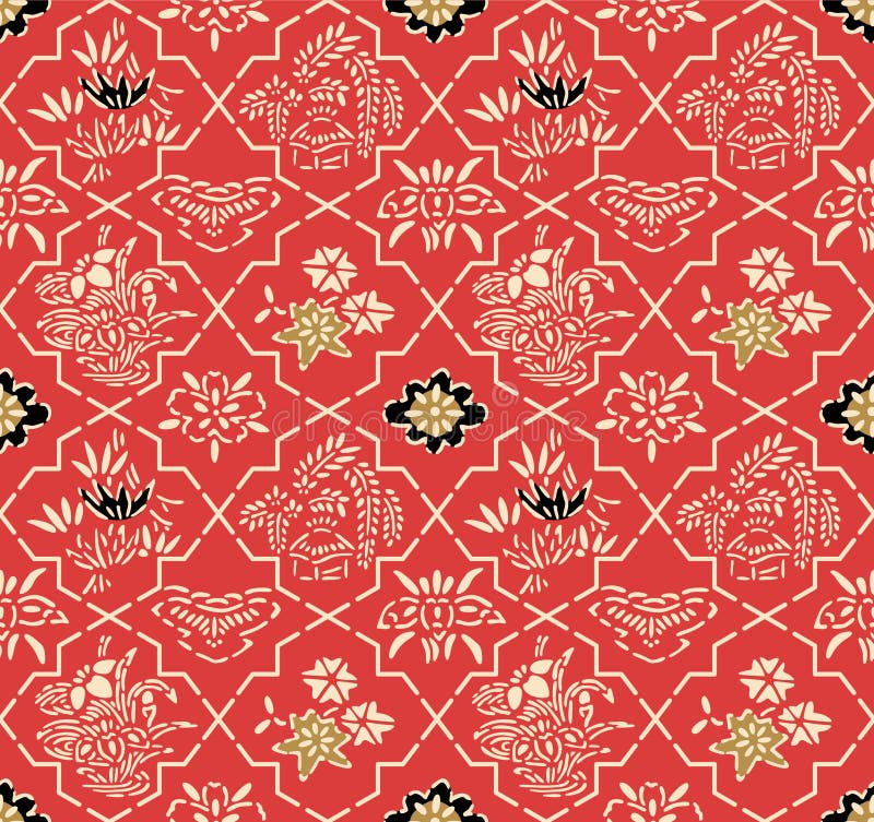 Japanese Flower Motif Net Vector Seamless Pattern stock illustration