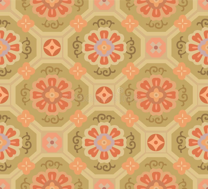 Japanese Flower Octagon Mosaic Vector Seamless Pattern stock illustration