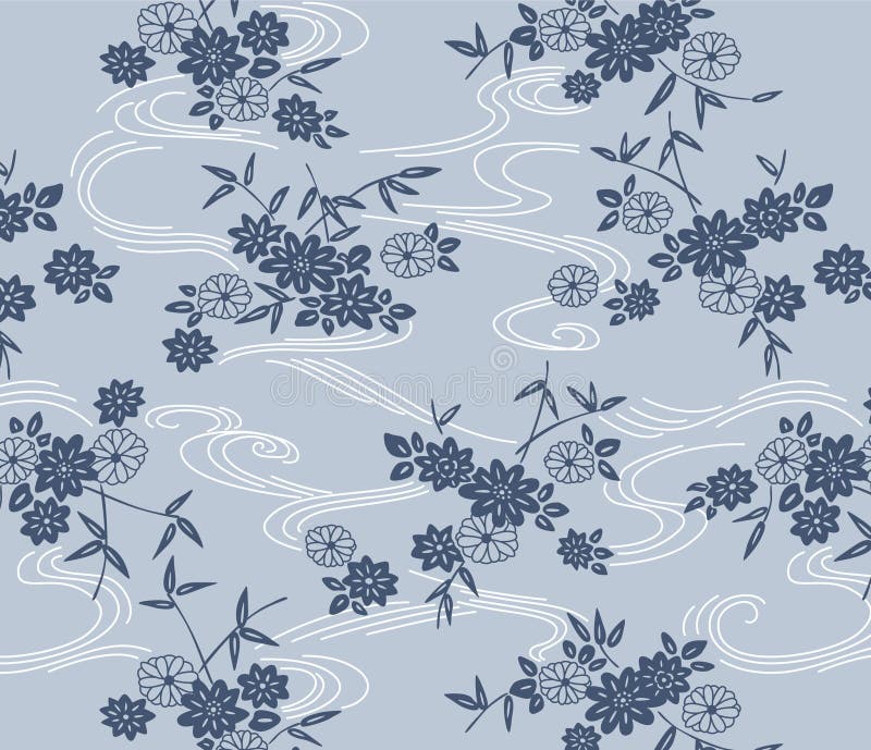 Japanese Flower Swirl River Vector Seamless Pattern vector illustration