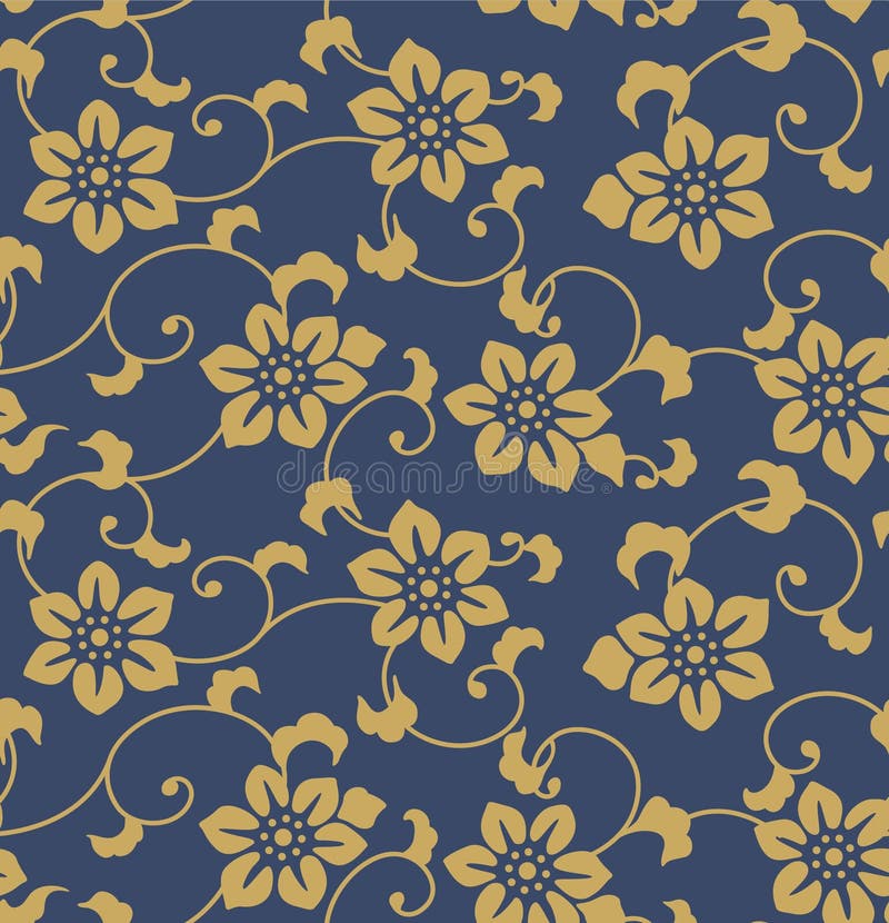 Japanese Flower Swirl Vine Vector Seamless Pattern stock illustration