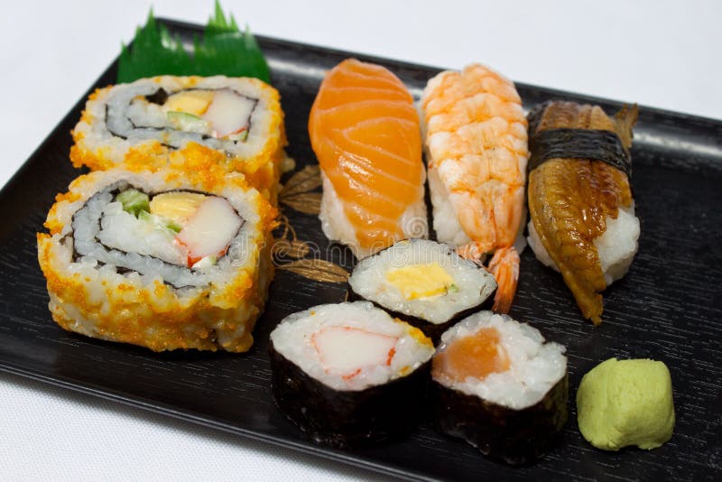 Sushi Tray To Go with Chopsticks Kit, Soy Sauce and Wasabi.Nigiri. Maki.  Sashimi. Salmon. Tuna. Soy. Wakame Stock Photo - Image of fast, delivering:  187683650