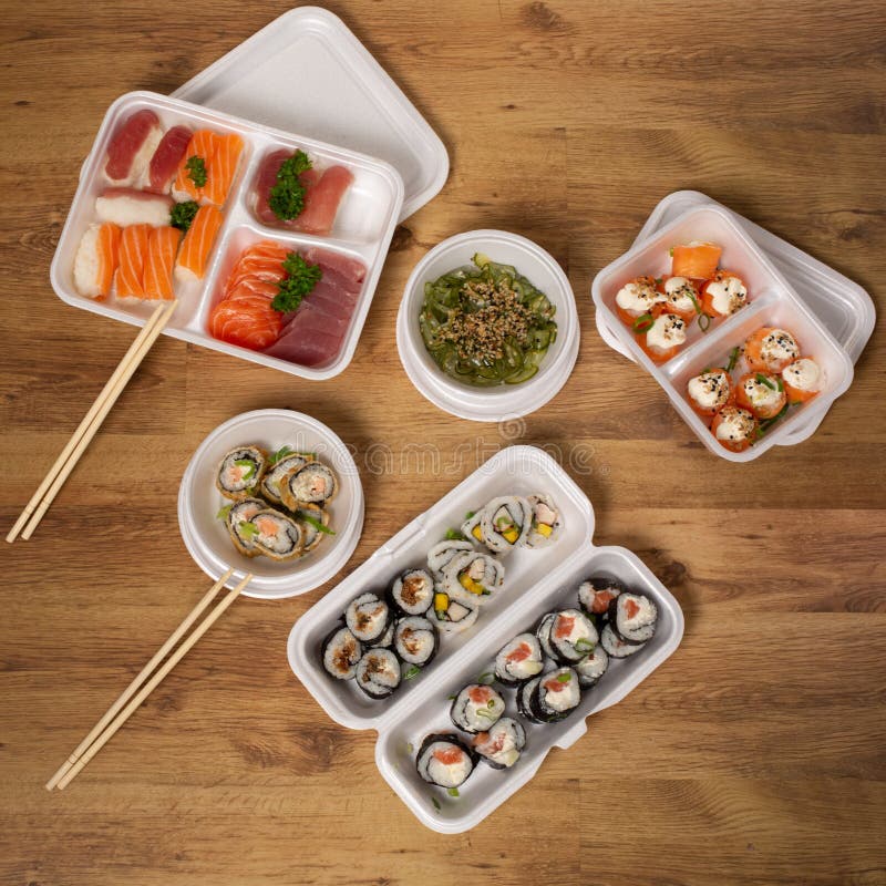 Japanese Food in Packaging for Delivery. Japanese Food Delivery Stock