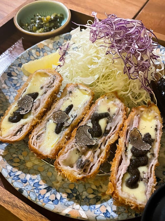 Japanese Food Pork Truffle Cheese with Salad and Rice Stock Image