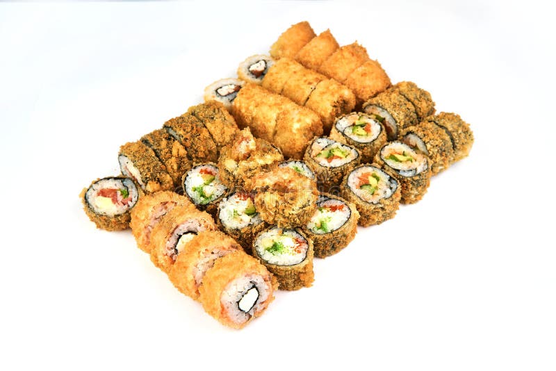 Japanese food restaurant, sushi maki gunkan roll plate or platter set. California Sushi rolls with salmon. Sushi at white stock image Japanese food restaurant, sushi maki gunkan roll plate or platter set. California Sushi rolls with salmon. Sushi at white stock image