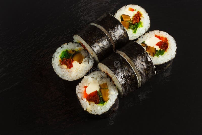 Japanese Food Set of Salmon Sushi and Rolls with Salmon and Eel Stock