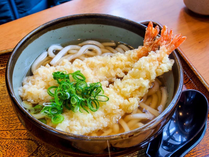 Japanese food, tempura udon. Japanese noodle called Udon with deep fried shrimp or tempura stock images