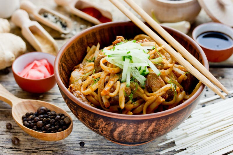 Japanese Fried Udon with Pork in Spicy Ginger Sauce Stock Photo Image