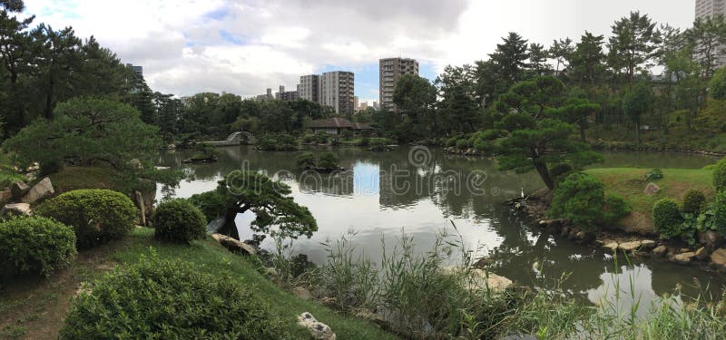 Japanese Garden With Lake And City View Stock Photo Image Of