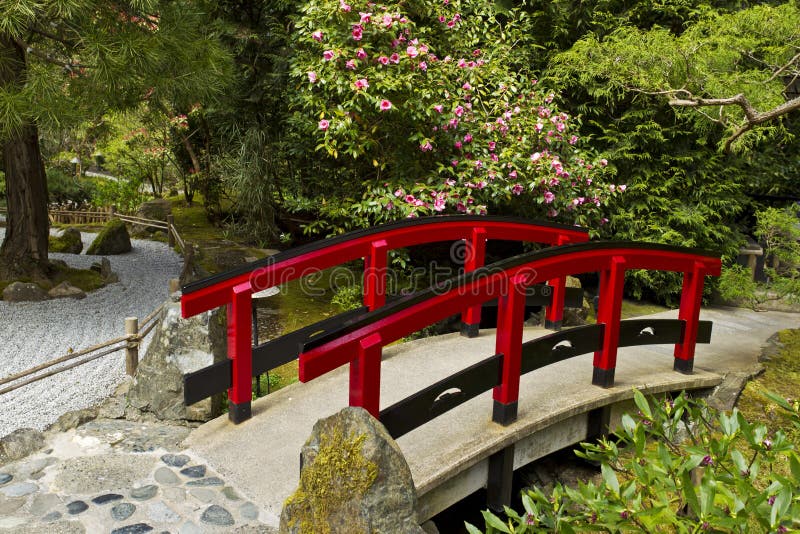 Japanese Garden with Red Bridge stock image Japanese Garden with Red Bridge stock image