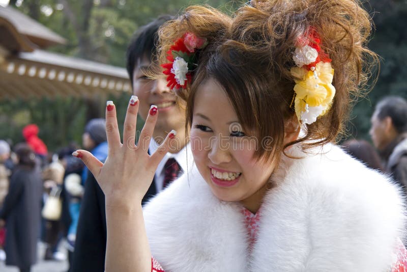 Japanese girl kimono nail painting celebration royalty free stock photography