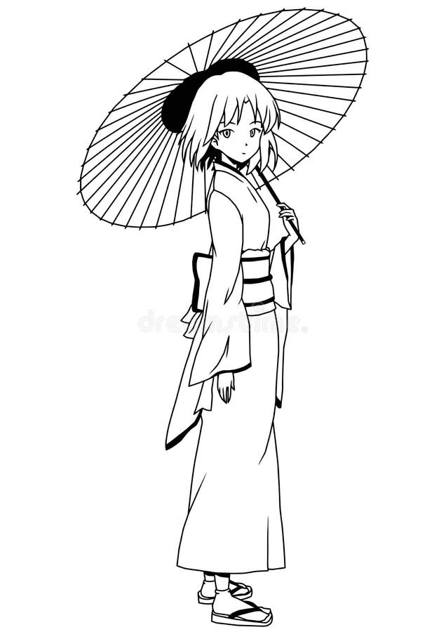 Japanese Girl in Kimono with Umbrella Stock Vector - Illustration of idol,  military: 53653286
