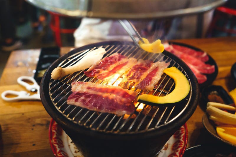 Japanese Grilled Beef Grilled Sliced Beef in the Brazier Stock Image