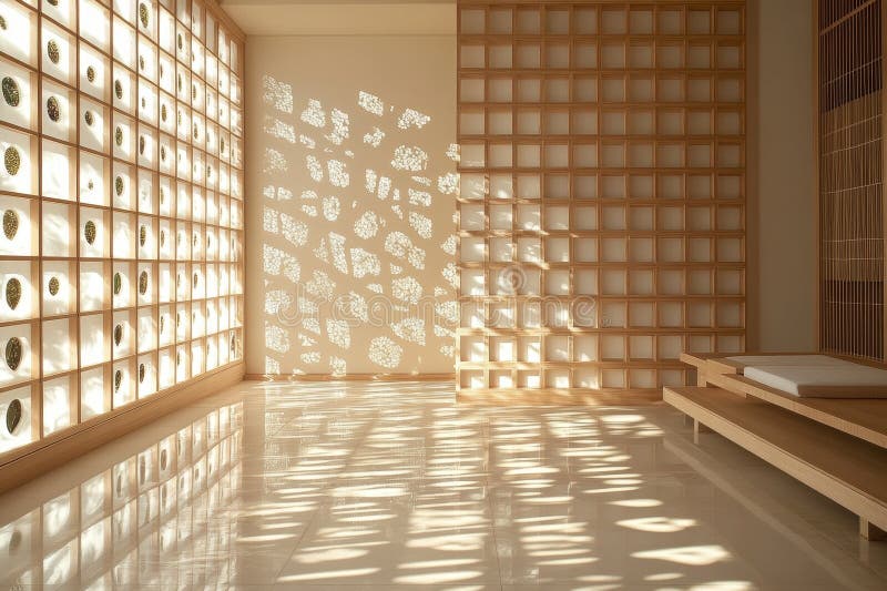 Japanese interior design, a shoji screen allows sunlight to dance on the tatami floor, creating delicate patterns in a stock photography