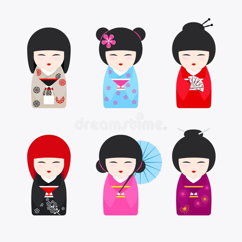 Japanese Kokeshi Dolls Icons Stock Vector - Illustration 