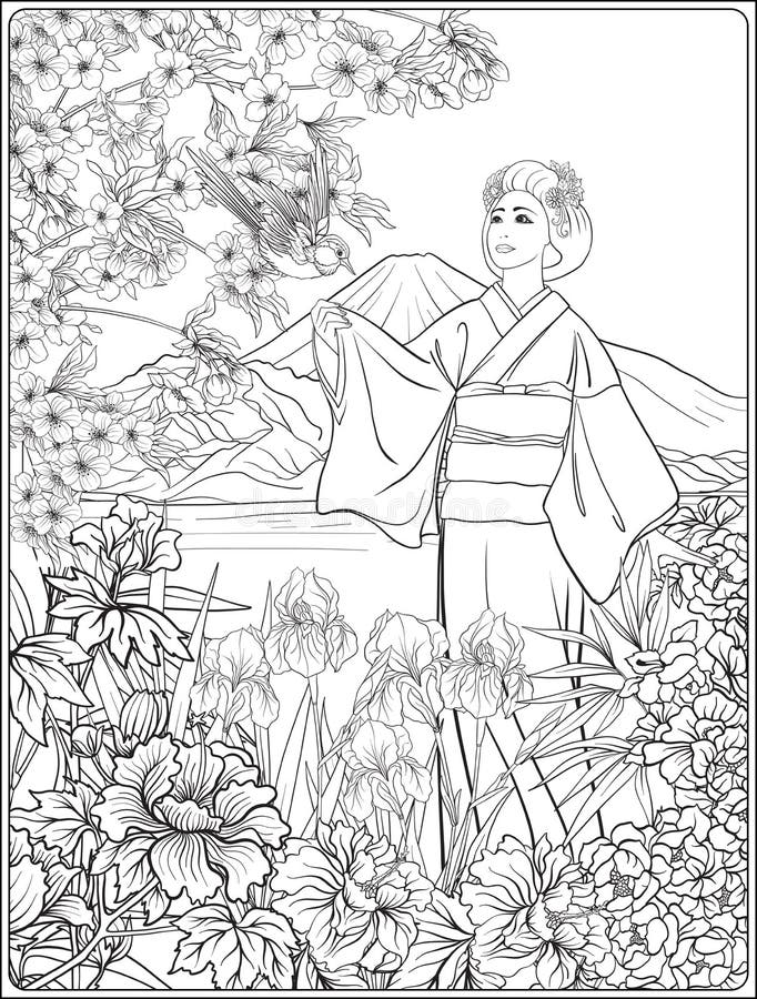 Japanese Landscape with Mount Fuji, sea, and Japanese woman kimo royalty free illustration Japanese Landscape with Mount Fuji, sea, and Japanese woman kimo royalty free illustration