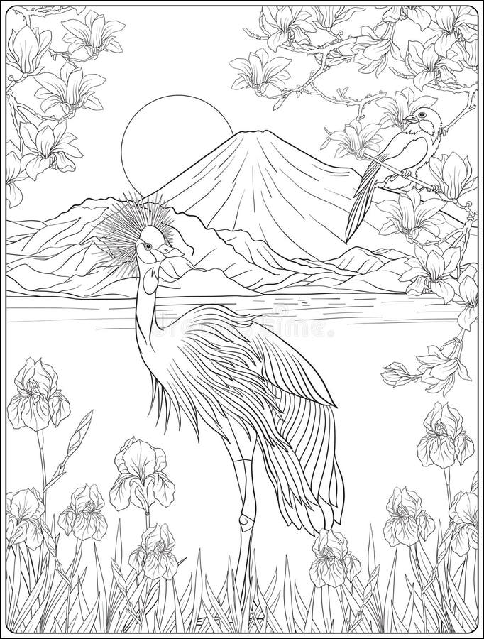 Japanese Landscape with Mount Fuji and tradition flowers and a b stock illustration Japanese Landscape with Mount Fuji and tradition flowers and a b stock illustration