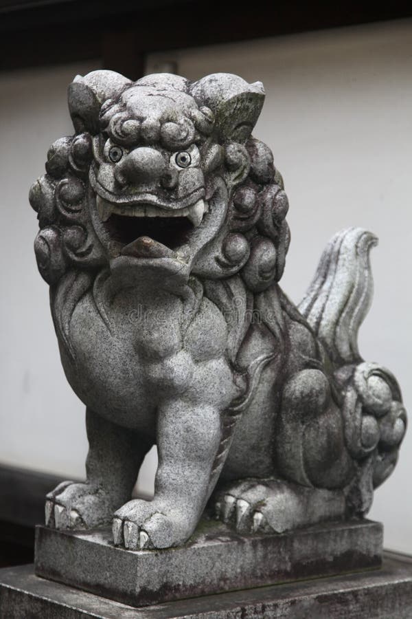 Japanese Lion Dog Statue within Cherry Blossoms Stock Photo Image of