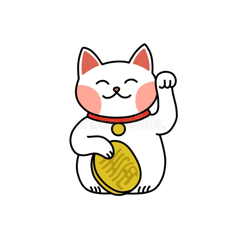 Japanese Lucky Cat Maneki Neko Doodle Icon, Vector Color Line ...