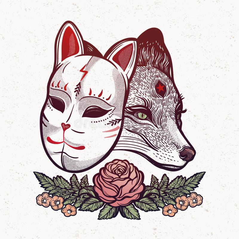 Traditional Japanese Art Kitsune Mask or Fox Japan - Kitsune Mask - Sticker