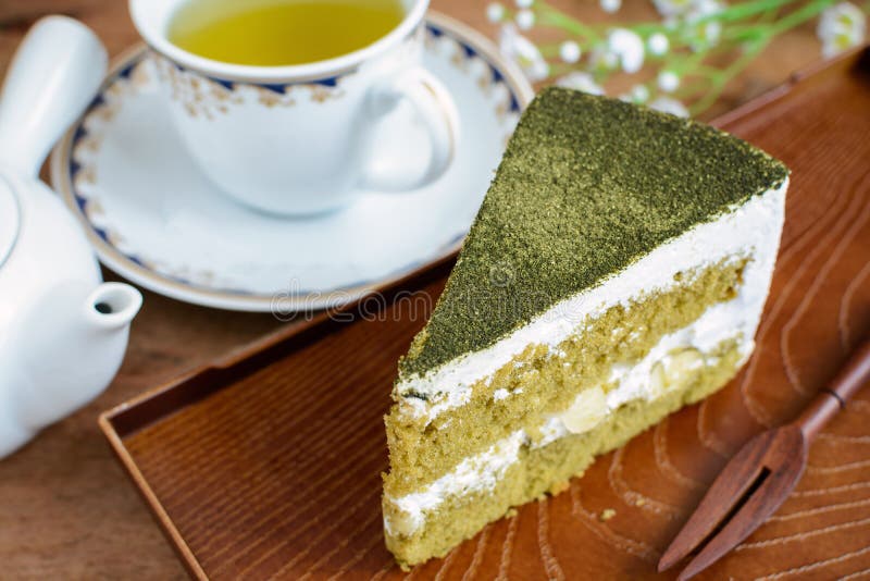 Japanese Matcha Green Tea Cake with Cup of Tea Stock Photo Image of