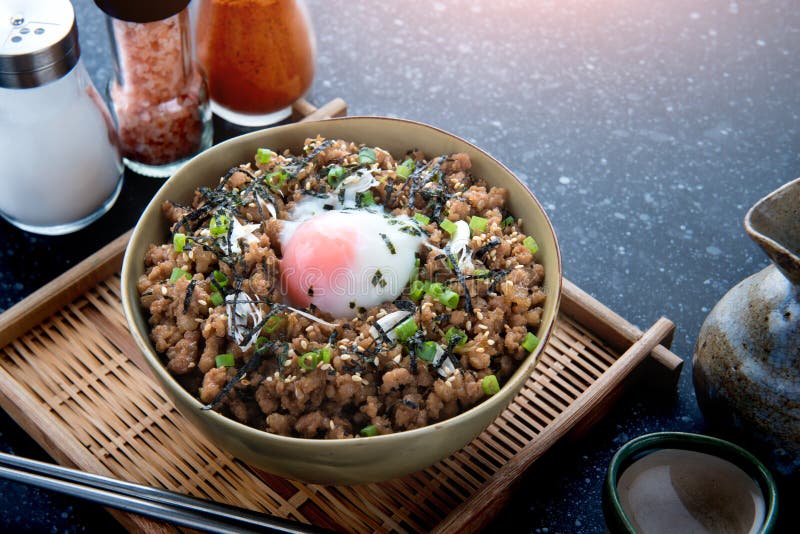 Japanese minced beef bowl. stock image. Image of healthy 113369385