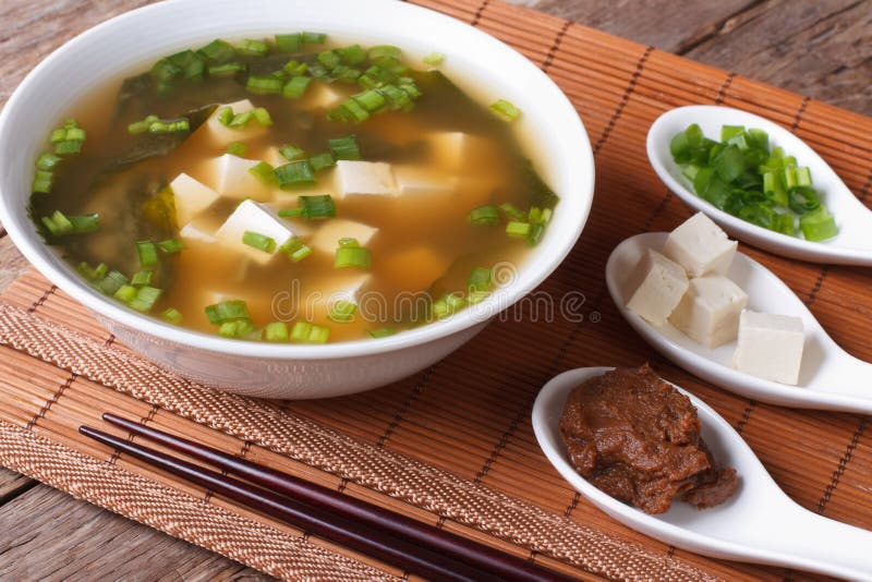 Japanese Miso Soup and Ingredients Closeup. Horizontal Stock Image