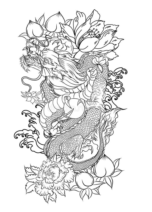 Japanese Old Dragon Tattoo for Arm.Hand Drawn Dragon with Peony Flower ...