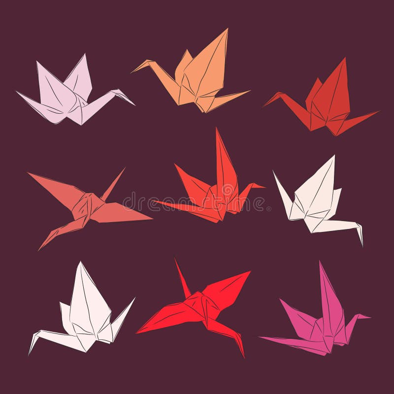 Japanese Origami Paper Cranes Set Orange Red White Pink, Symbol of  Happiness, Luck and Longevity, Sketch. Black Line Contour on or Stock  Vector - Illustration of decoration, animals: 109009444