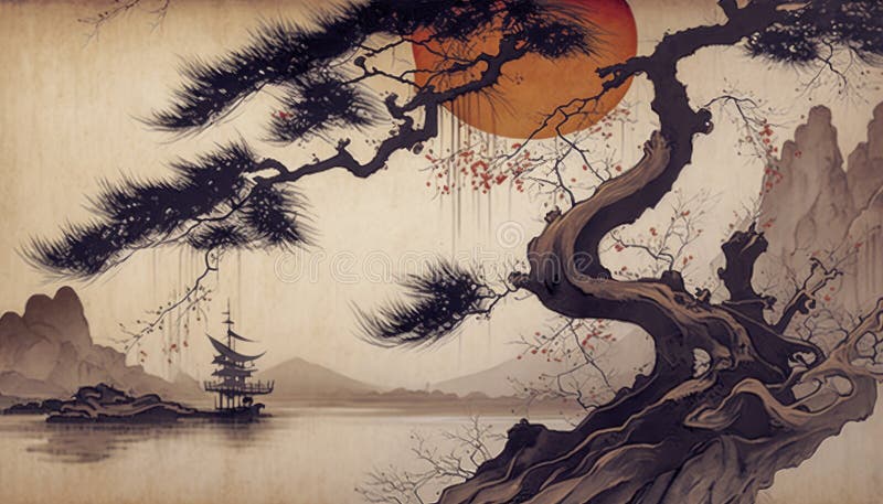 Japanese Painting - Serene Background for Wall Art and Wallpaper Stock  Illustration - Illustration of meditation, culture: 272008865