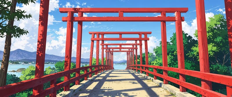 Japanese Red Bridge Afternoon , Anime Background. Stock Image - Image