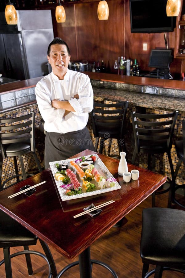 Japanese Restaurant Chef Presenting Sushi Platter Stock Image Image