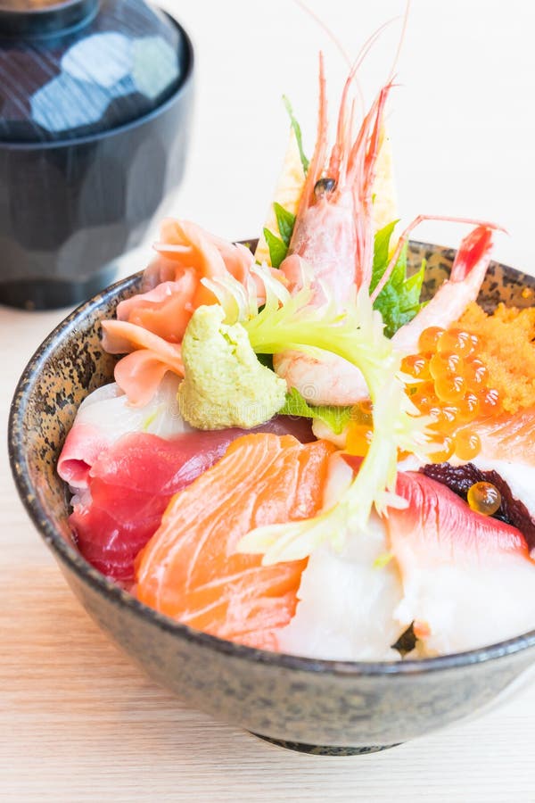 Japanese Rice Bowl with Sashimi Seafood on Top Stock Photo Image of