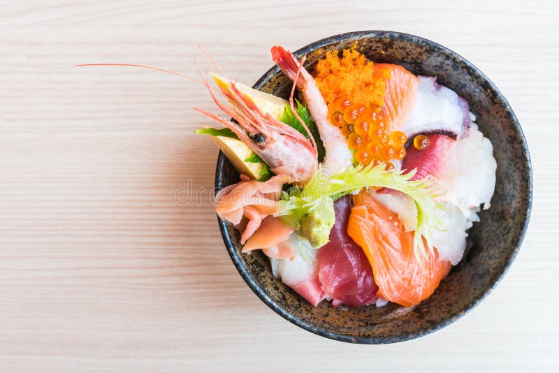 Japanese Rice Bowl with Sashimi Seafood on Top Stock Photo - Image of